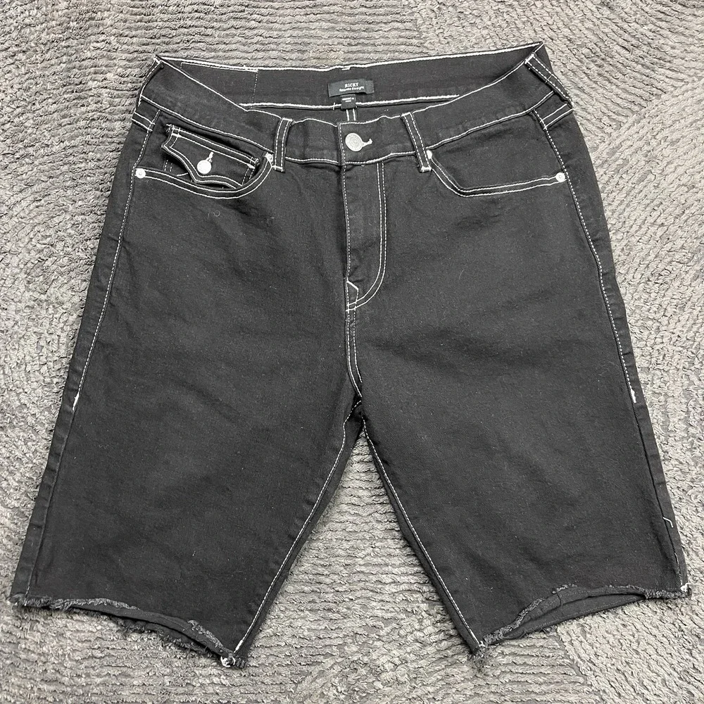 True Religion Ricky Relaxed Straight Shorts Men's 34 Black Denim Cutoff Stitch
